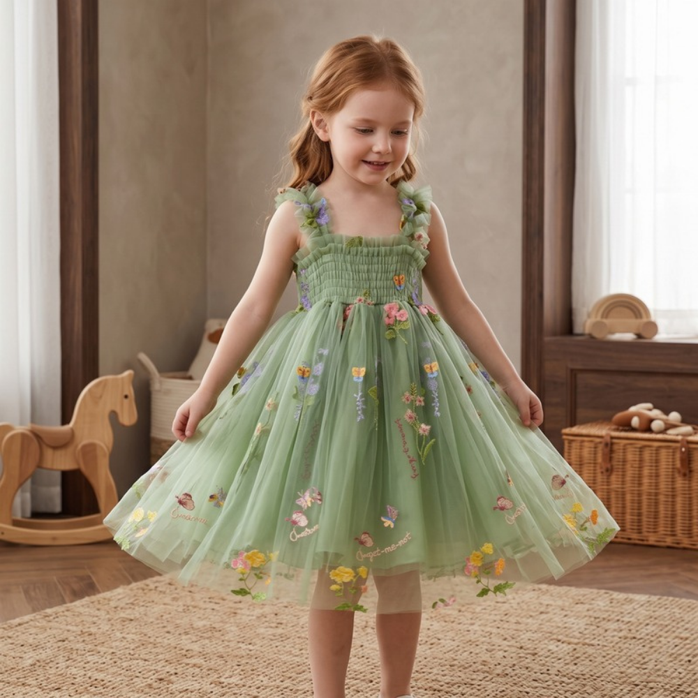 Lilo Embroidered Mesh Party Dress - Sage Green