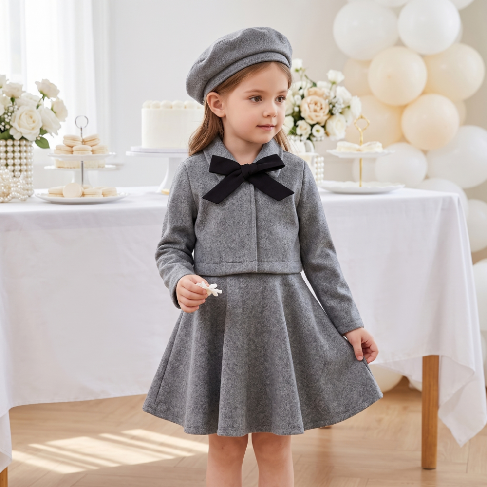 Lilo Bow Wool Vest and Skirt Set - Grey