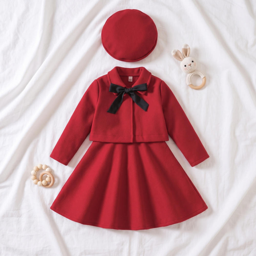 Lilo Bow Wool Vest and Skirt Set - Red
