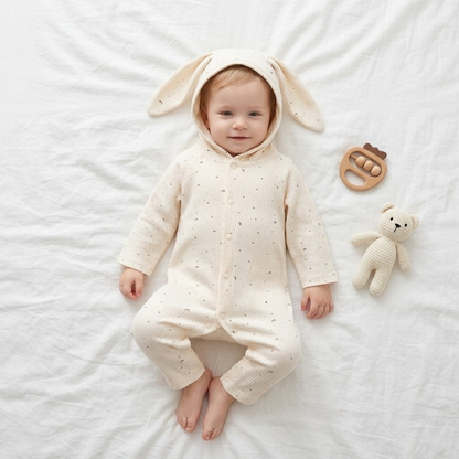 Lilo Rabbit Ear Cotton Jumpsuit - Oat Speckle