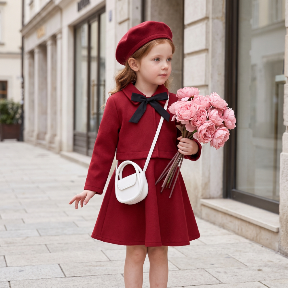 Lilo Bow Wool Vest and Skirt Set - Red