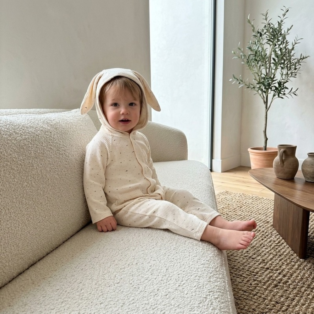 Lilo Rabbit Ear Cotton Jumpsuit - Oat Speckle