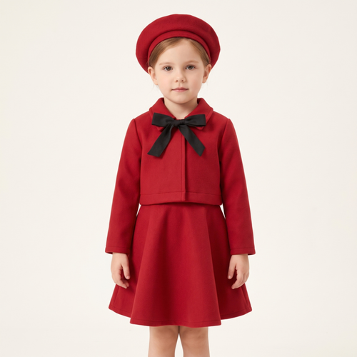 Lilo Bow Wool Vest and Skirt Set - Red