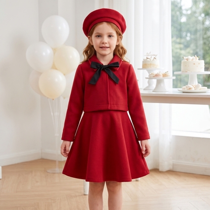 Lilo Bow Wool Vest and Skirt Set - Red