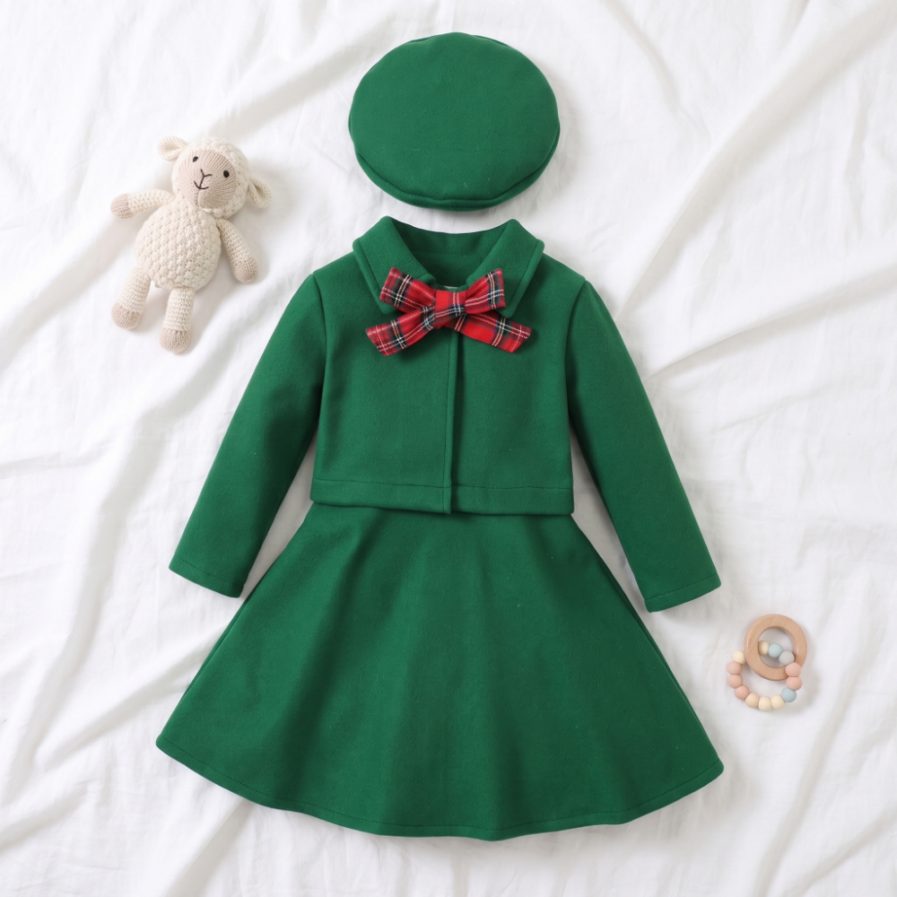 Lilo Bow Wool Vest and Skirt Set - Green