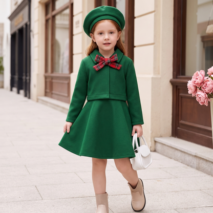 Lilo Bow Wool Vest and Skirt Set - Green