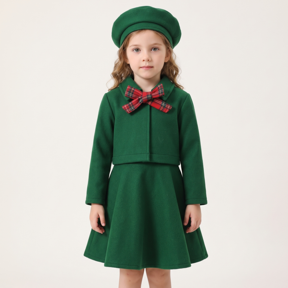 Lilo Bow Wool Vest and Skirt Set - Green