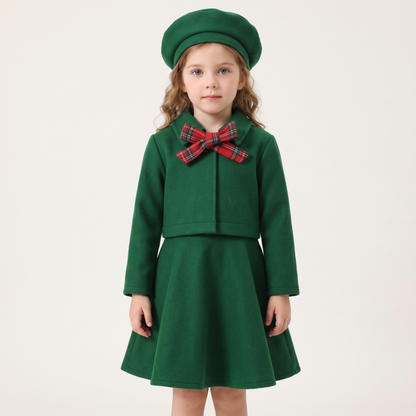 Lilo Bow Wool Vest and Skirt Set - Green