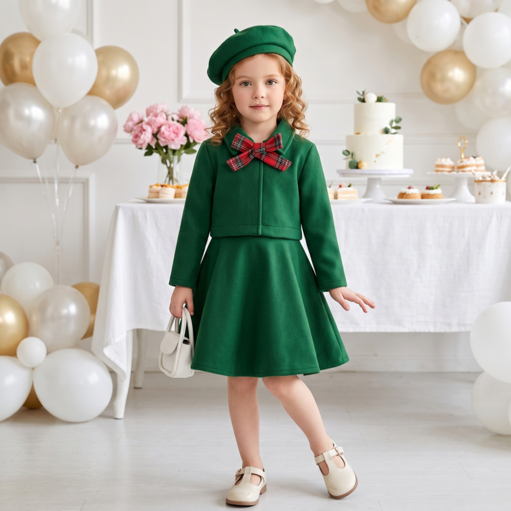 Lilo Bow Wool Vest and Skirt Set - Green