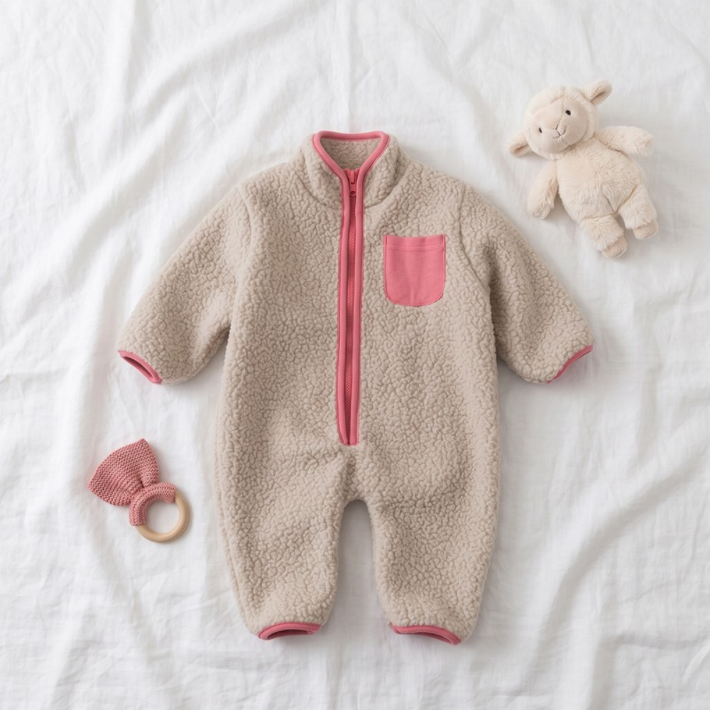 Lilo Lamb Fleece Baby Jumpsuit - Oatmeal Pink