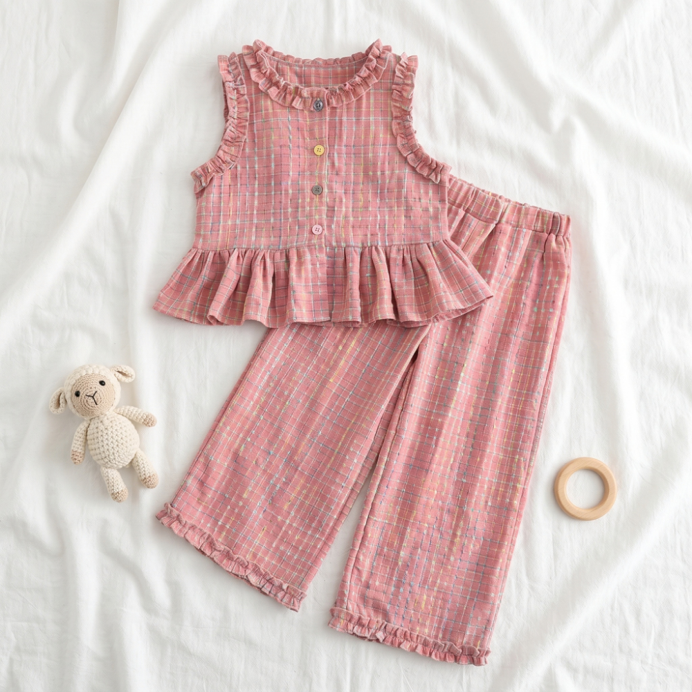 Lilo Lace Plaid Vest and Pants Set - Rose