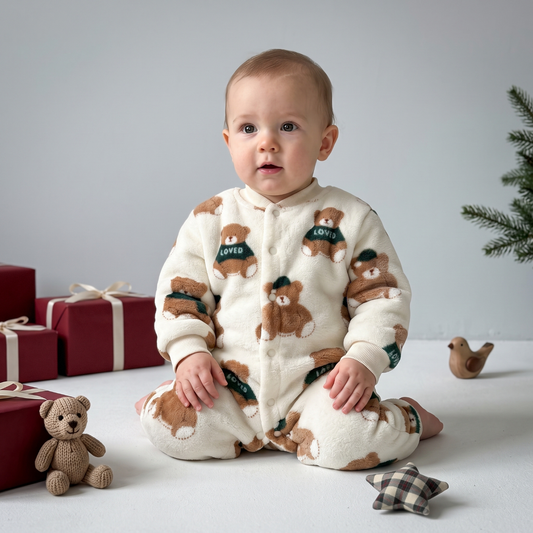 Lilo Thickened Hooded Baby Jumpsuit - Cream Bear