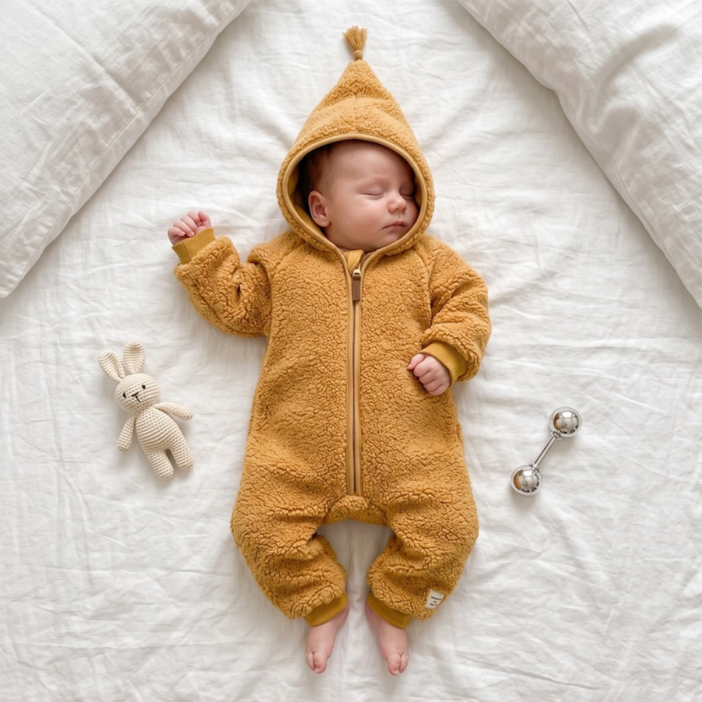 Lilo Sherpa Fleece Hooded Romper - Mustard