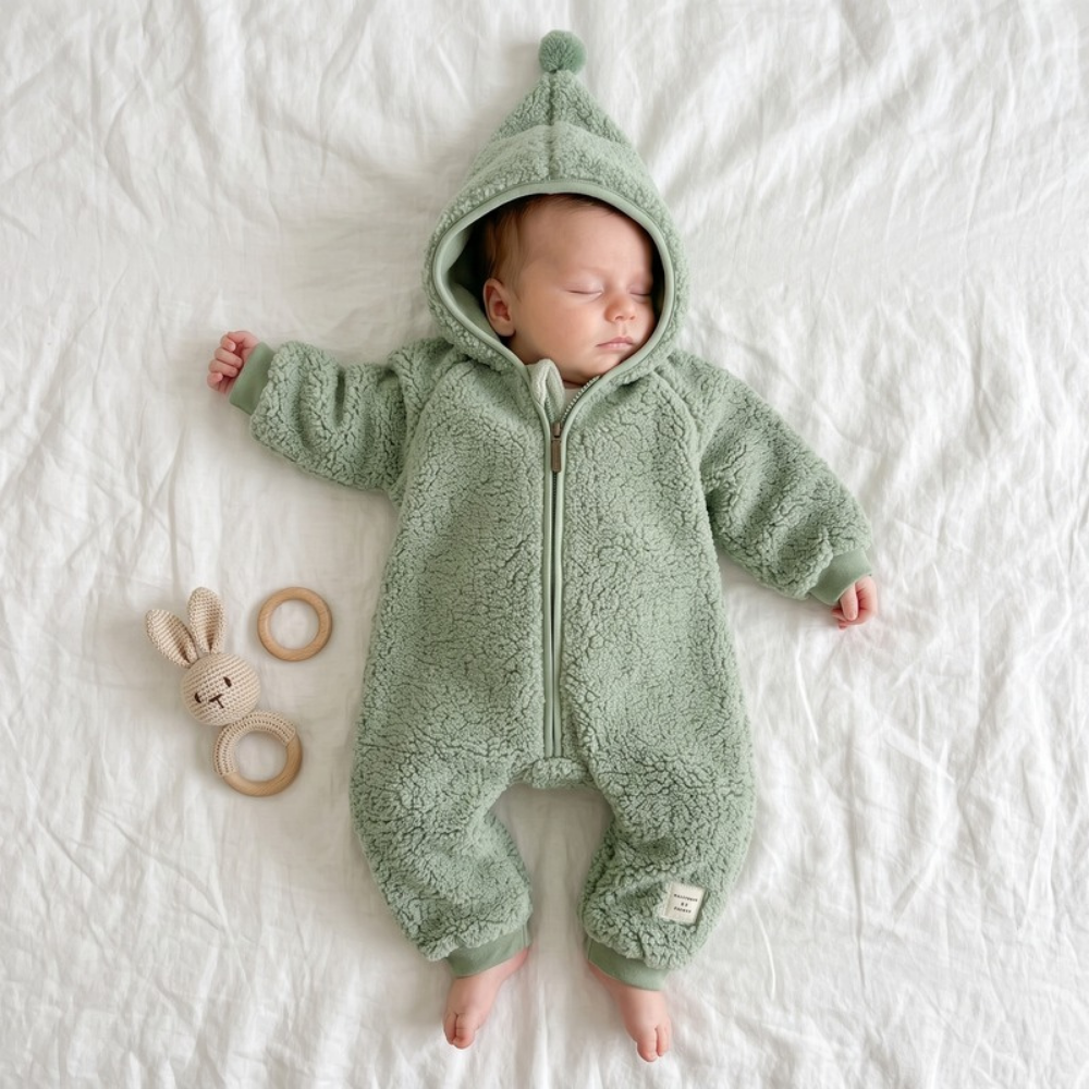 Lilo Sherpa Fleece Hooded Romper - Sage Green