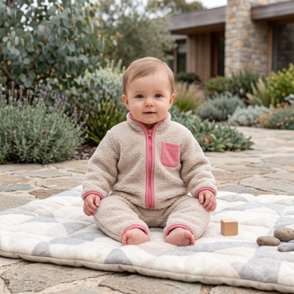 Lilo Lamb Fleece Baby Jumpsuit - Oatmeal Pink
