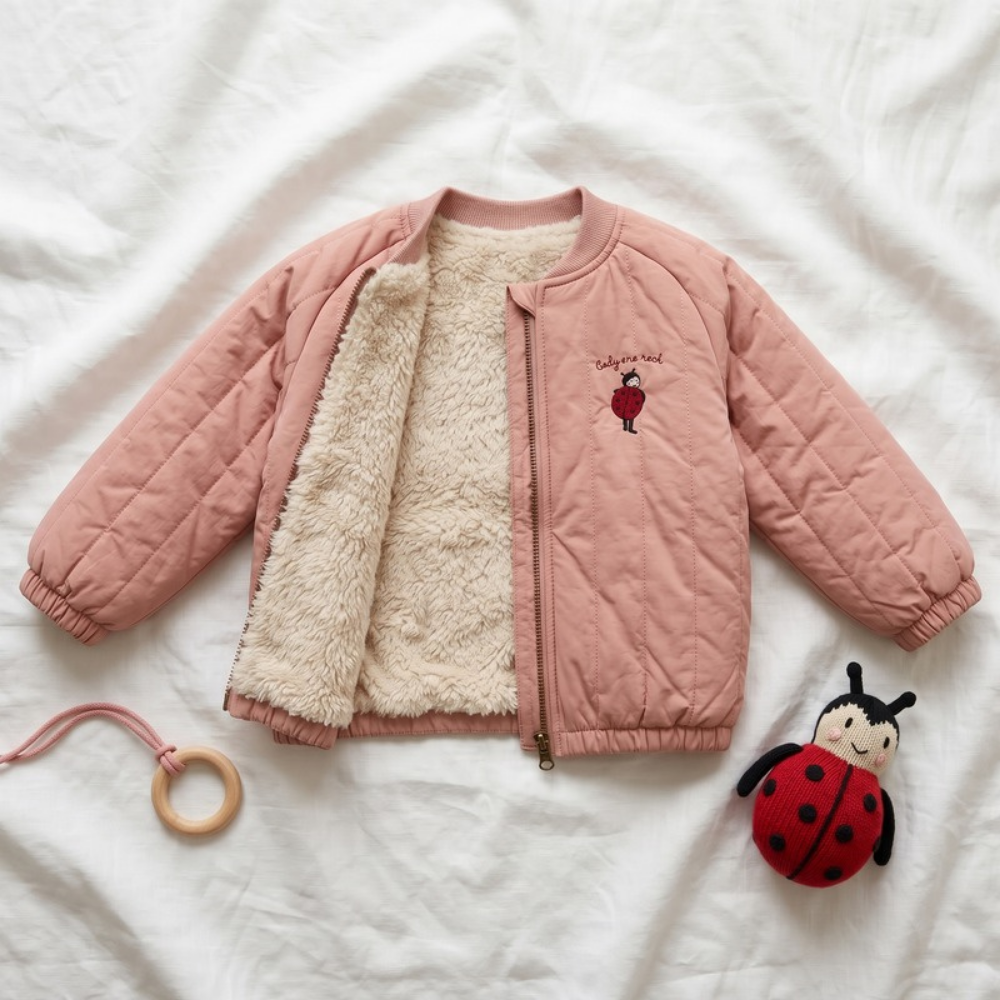 Lilo Embroidered Fleece Lined Bomber Jacket - Pink Ladybug