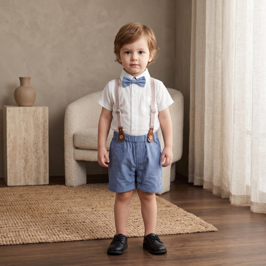 Lilo Gentleman Romper and Suspender Shorts Set - Chambray Blue