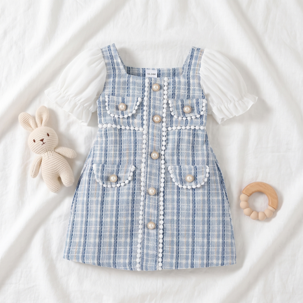 Lilo Pearl Plaid Puff Sleeve Dress - Sky Blue