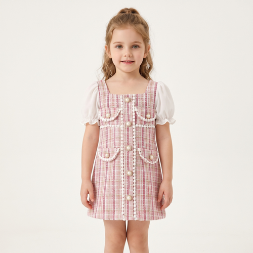 Lilo Pearl Plaid Puff Sleeve Dress - Pink
