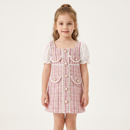 Lilo Pearl Plaid Puff Sleeve Dress - Pink
