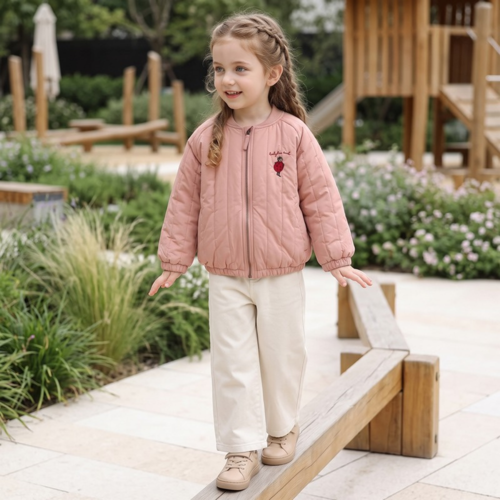 Lilo Embroidered Fleece Lined Bomber Jacket - Pink Ladybug