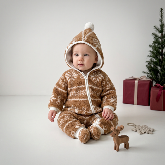 Lilo Velvet Hooded Winter Baby Bodysuit - Light Brown Snowflake