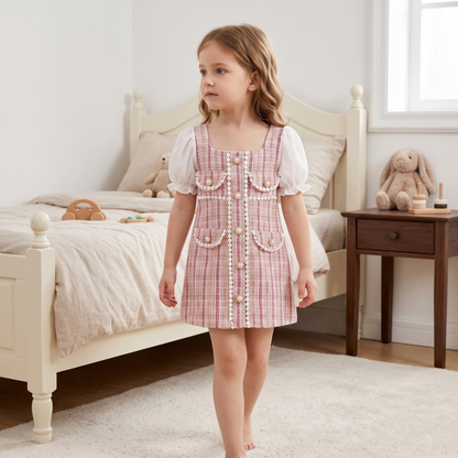 Lilo Pearl Plaid Puff Sleeve Dress - Pink