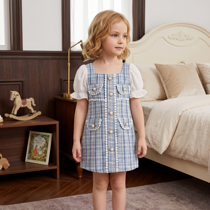 Lilo Pearl Plaid Puff Sleeve Dress - Sky Blue