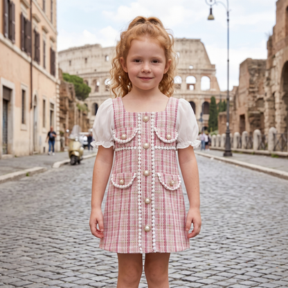 Lilo Pearl Plaid Puff Sleeve Dress - Pink