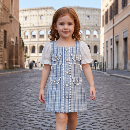Lilo Pearl Plaid Puff Sleeve Dress - Sky Blue