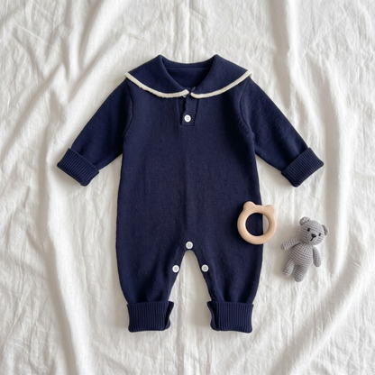 Lilo Sailor Collar Knit Romper - Navy Blue