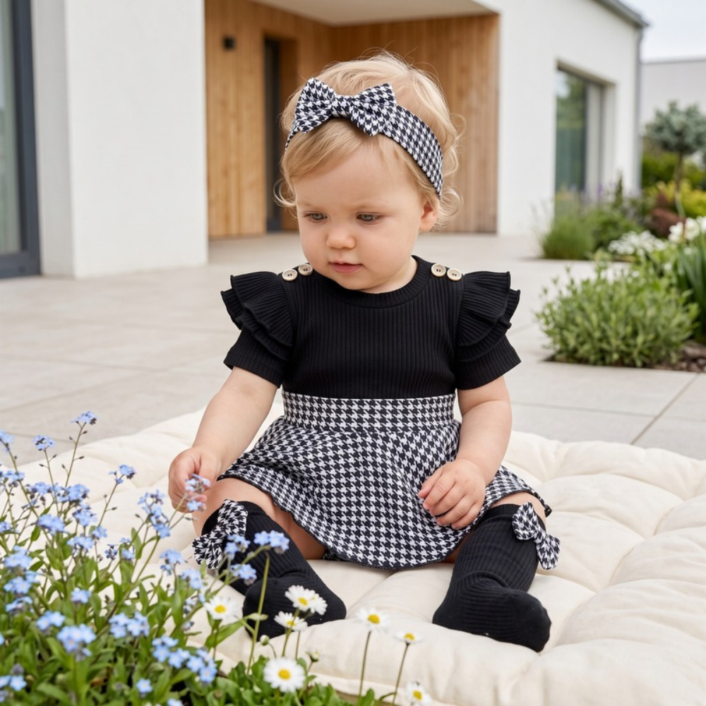 Lilo Striped Romper Dress and Headband Set - Black
