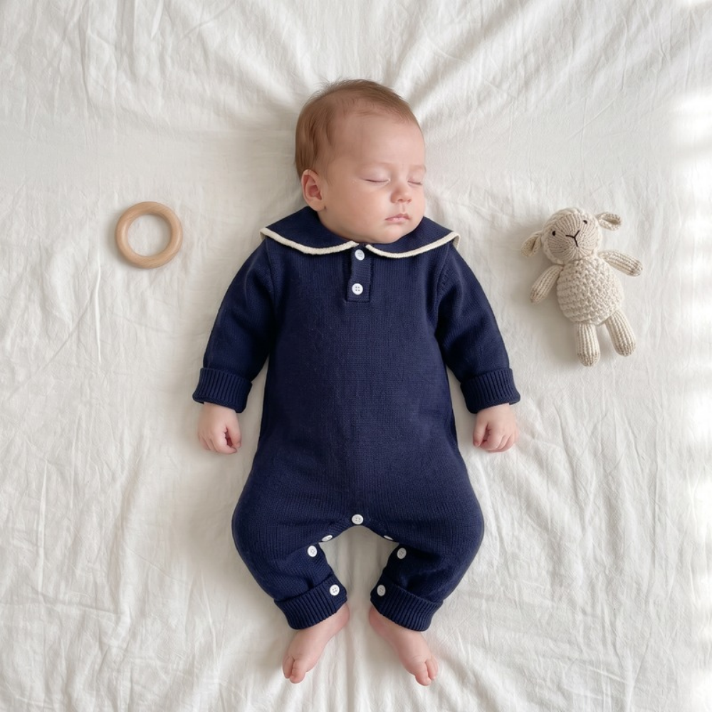 Lilo Sailor Collar Knit Romper - Navy Blue