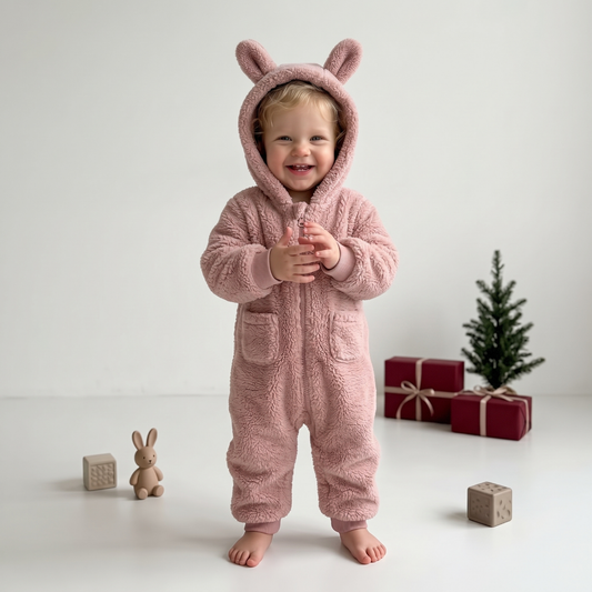 Lilo Animal Plush Hooded Baby Romper - Blush Pink