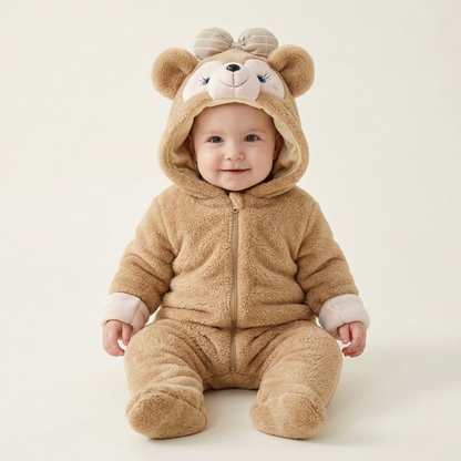 Lilo Animal Winter Romper - Tan Bear with Bow