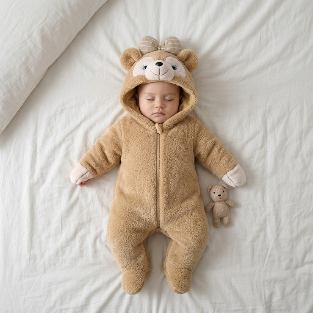 Lilo Animal Winter Romper - Tan Bear with Bow