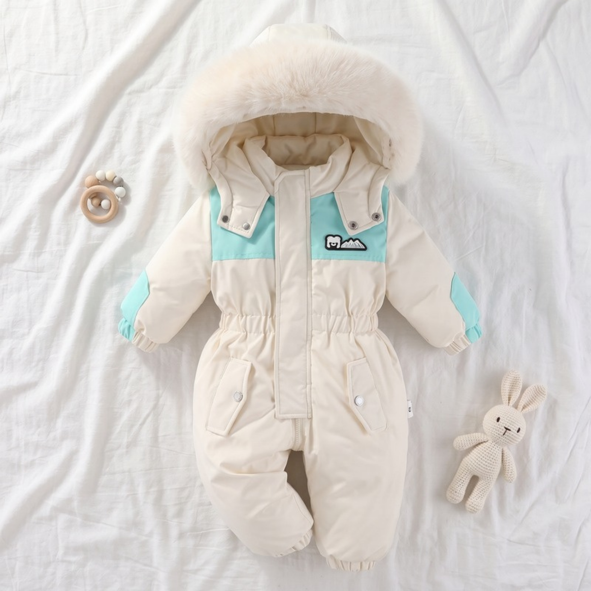 Lilo Padded Snowsuit Ski Jumpsuit - Cream and Aqua