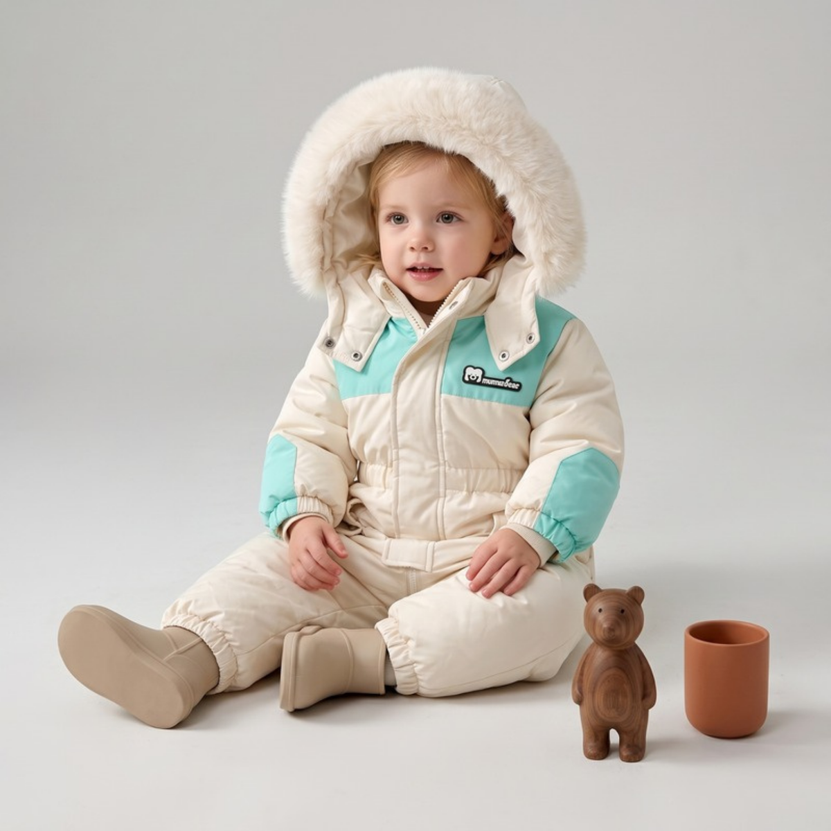 Lilo Padded Snowsuit Ski Jumpsuit - Cream and Aqua