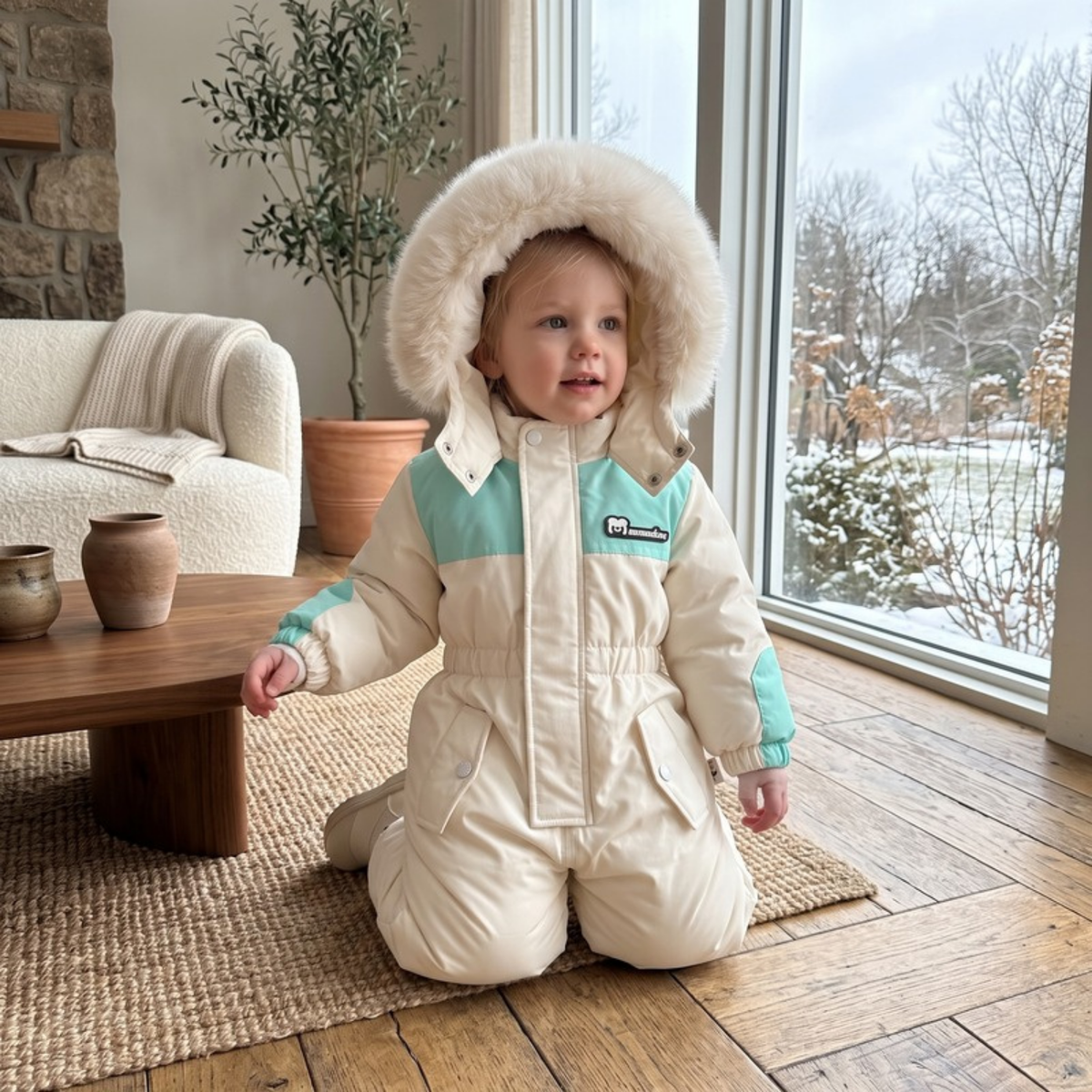 Lilo Padded Snowsuit Ski Jumpsuit - Cream and Aqua