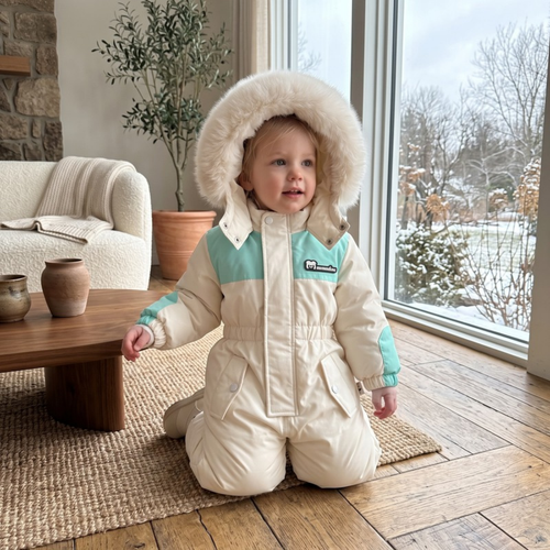 Lilo Padded Snowsuit Ski Jumpsuit - Cream and Aqua
