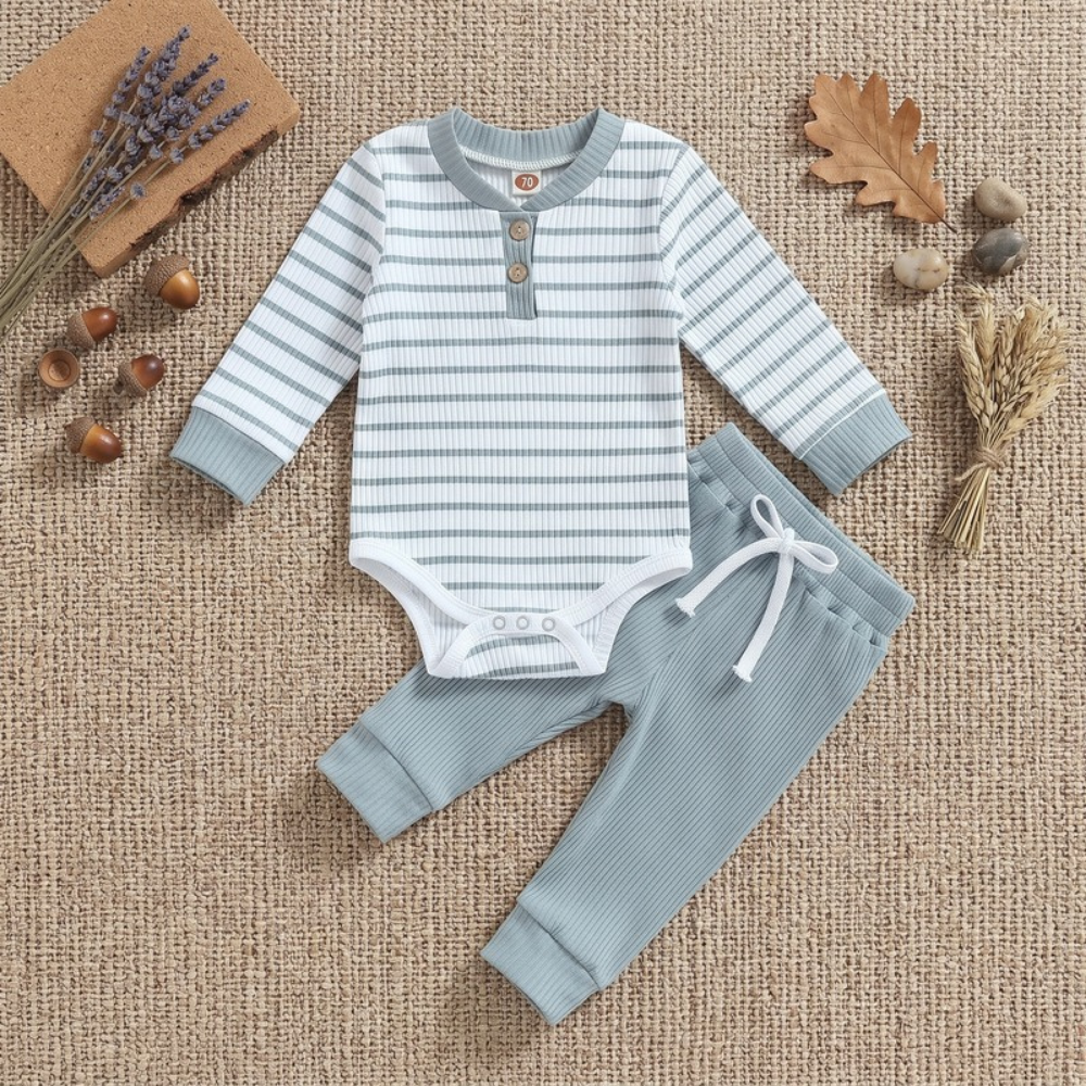 Lilo Ribbed Striped Romper and Pants Set - Dusty Blue