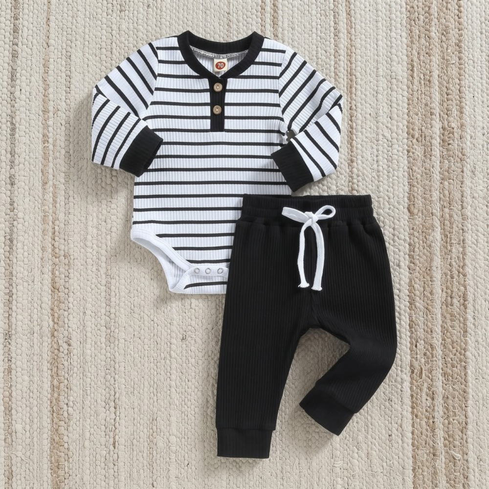 Lilo Ribbed Striped Romper and Pants Set - Black