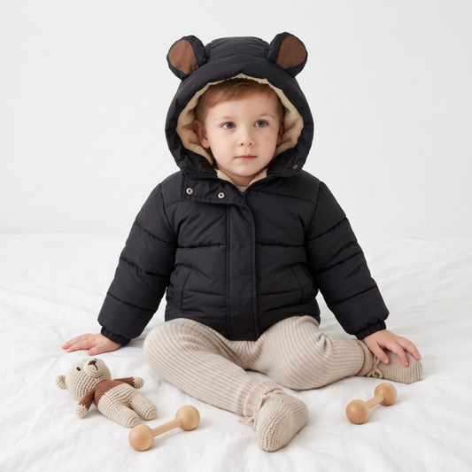 Lilo Cartoon Fleece Lined Puffer Jacket - Black