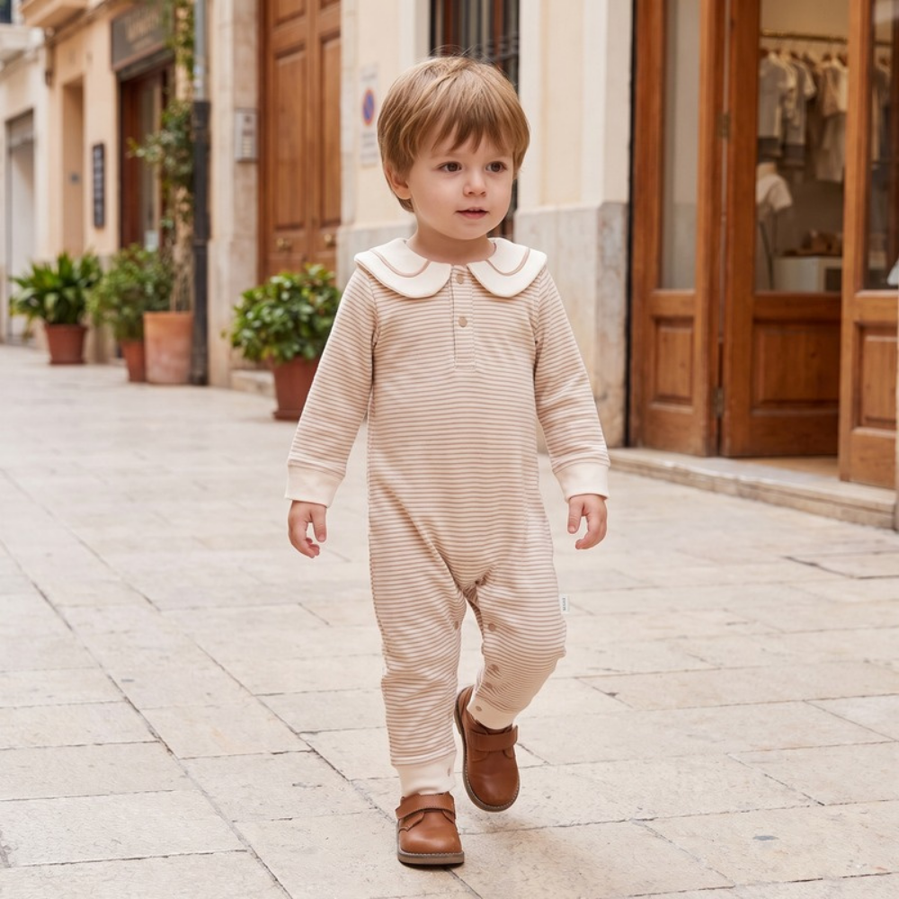 Lilo Striped Sailor Collar Romper - Tan Stripe
