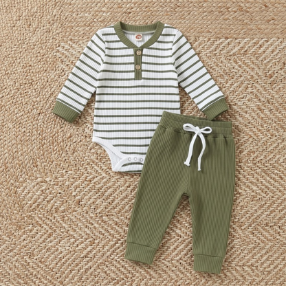 Lilo Ribbed Striped Romper and Pants Set - Olive Green