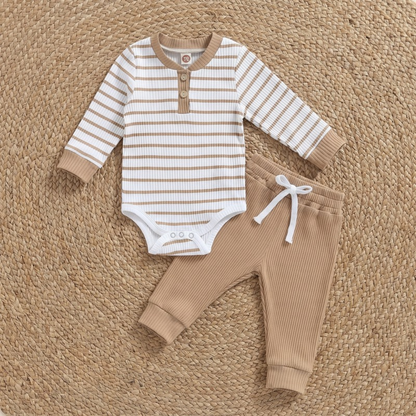 Lilo Ribbed Striped Romper and Pants Set - Camel