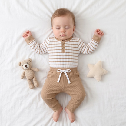Lilo Ribbed Striped Romper and Pants Set - Camel