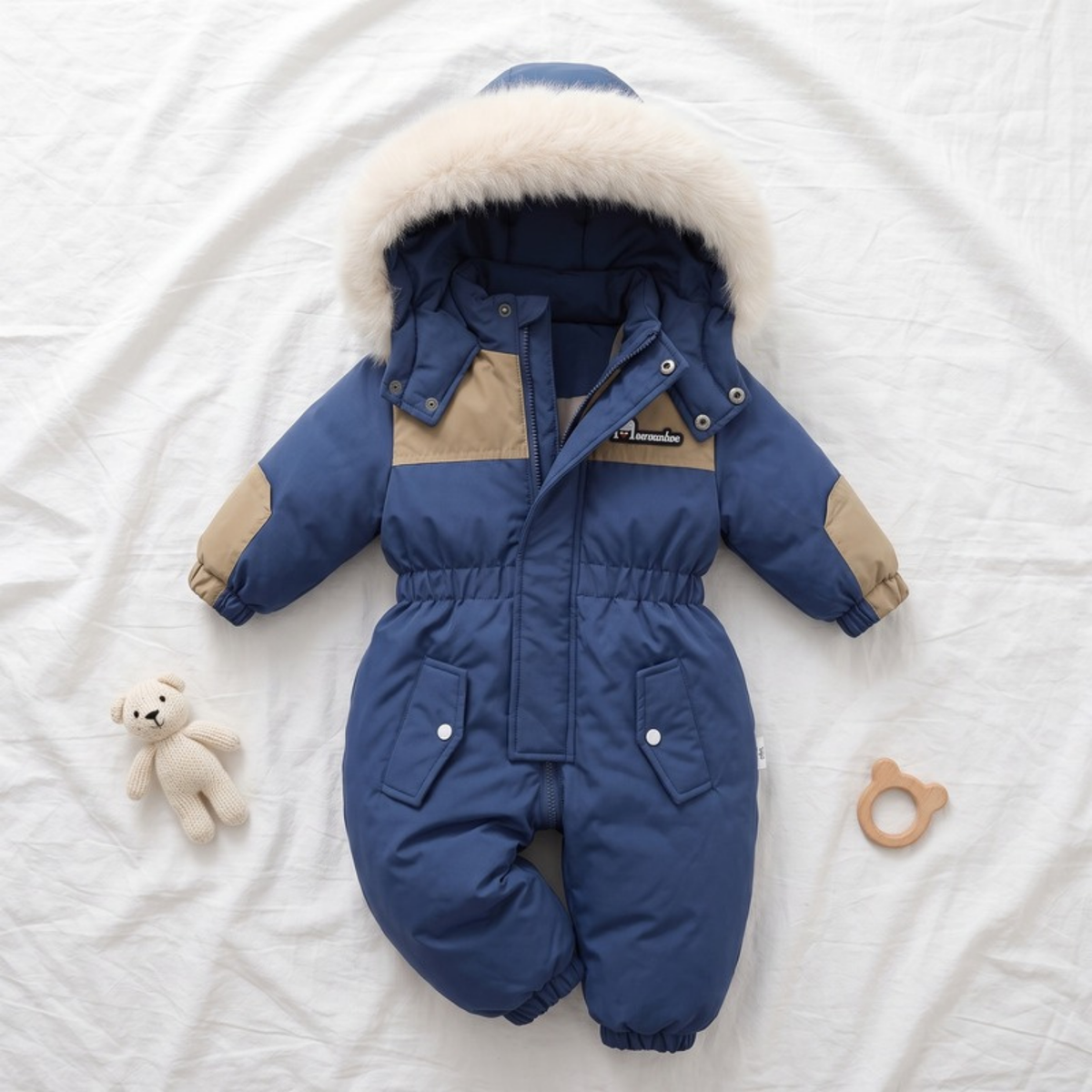 Lilo Padded Snowsuit Ski Jumpsuit - Navy and Tan