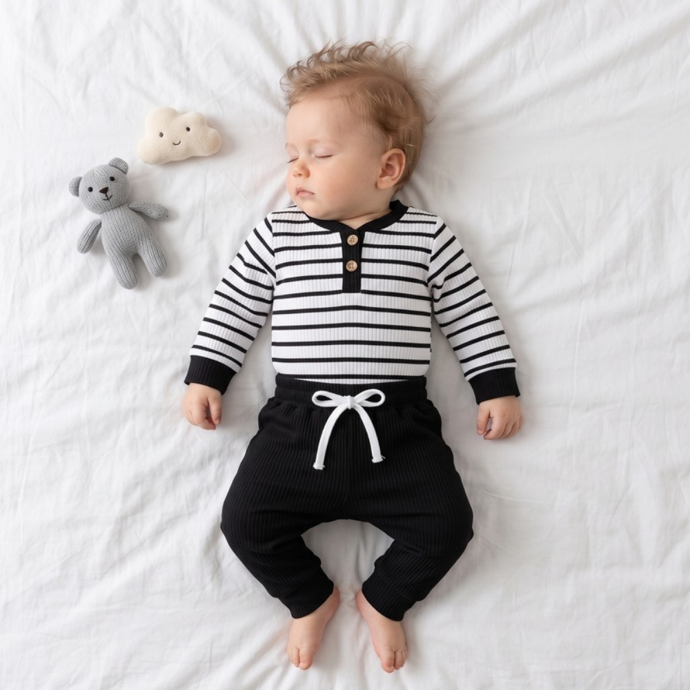 Lilo Ribbed Striped Romper and Pants Set - Black