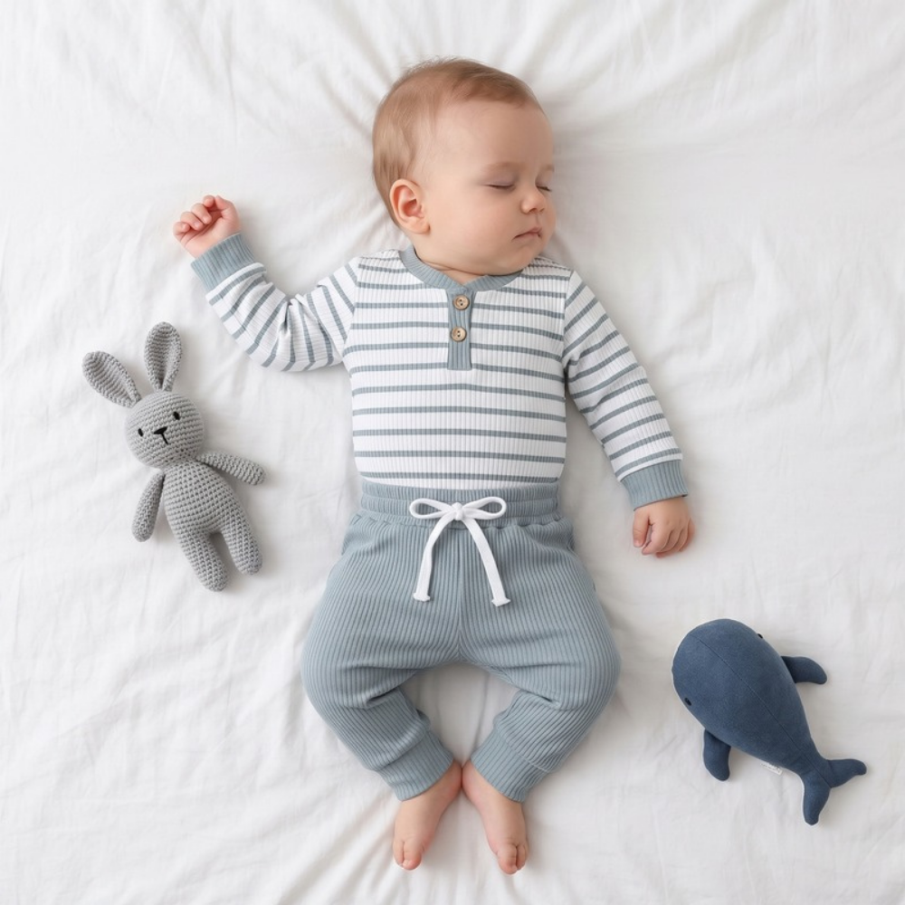 Lilo Ribbed Striped Romper and Pants Set - Dusty Blue
